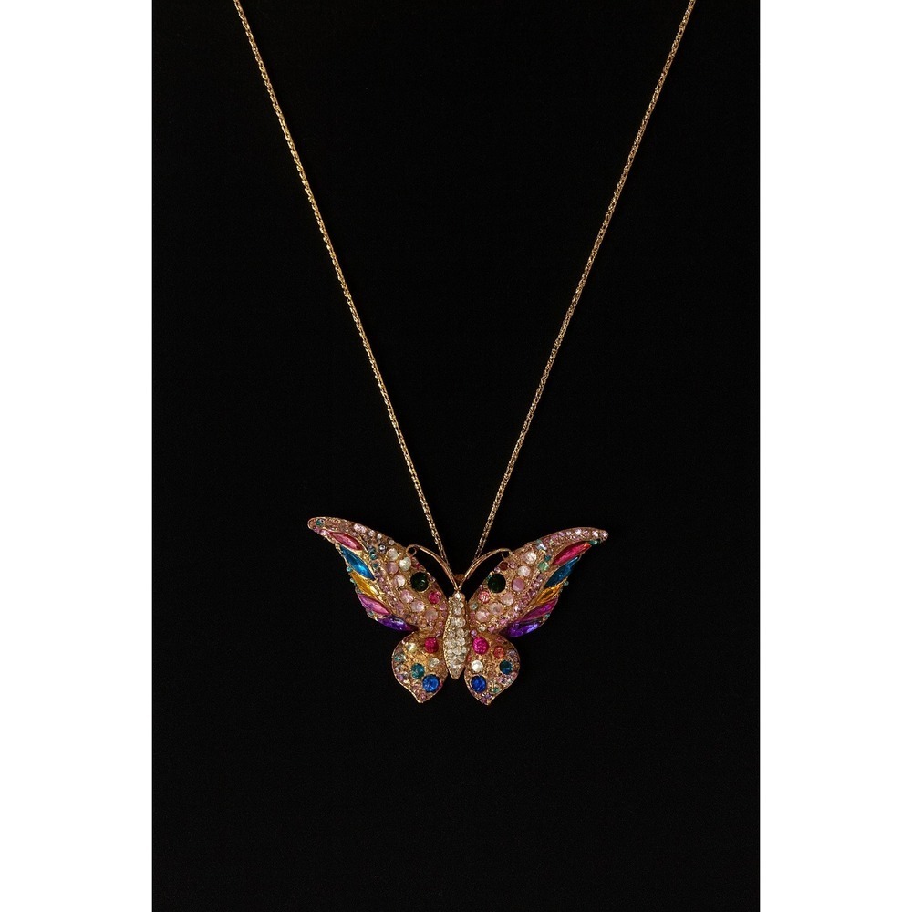 Betsey Johnson Butterfly Pendant Rhinestone Colorful Gold Tone Necklace - Picture 2 of 6